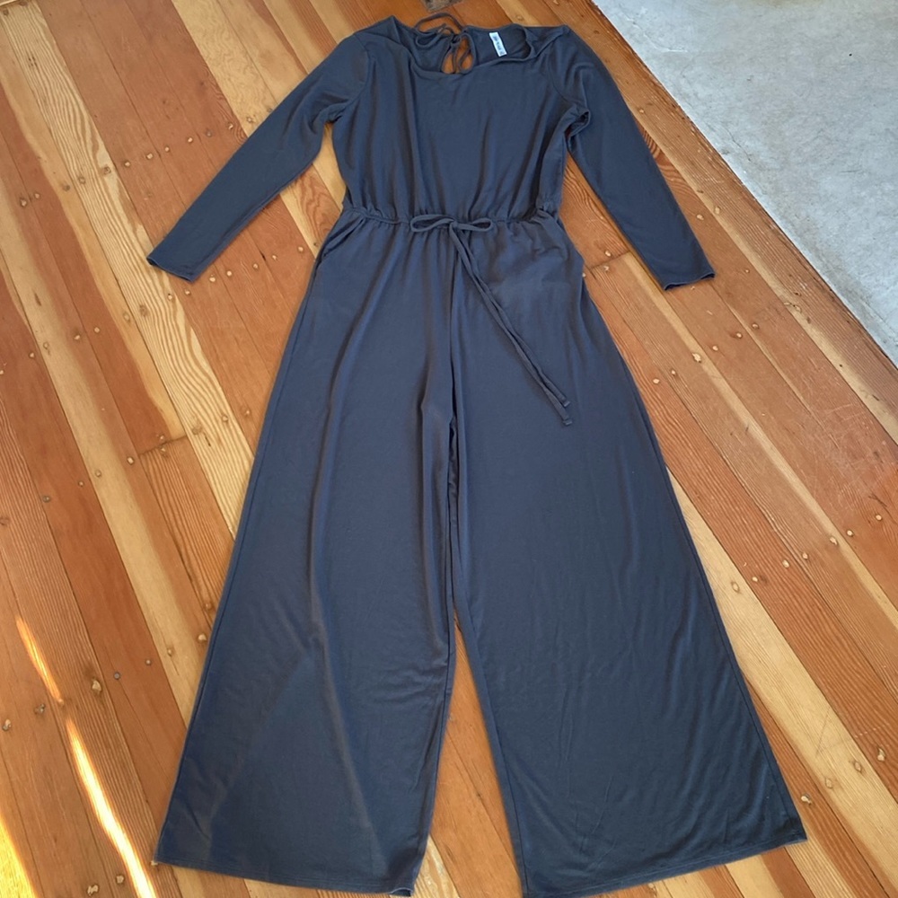 Zenana Premium Grey Stretch Knit Long Sleeve‎ Jumpsuit 2X